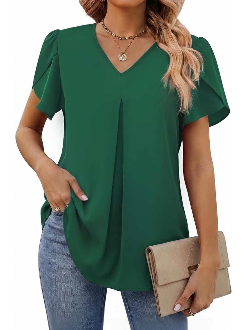 Women's Summer Tops Short Sleeve Dressy Chiffon Blouses V Neck Work Tunic Tops C